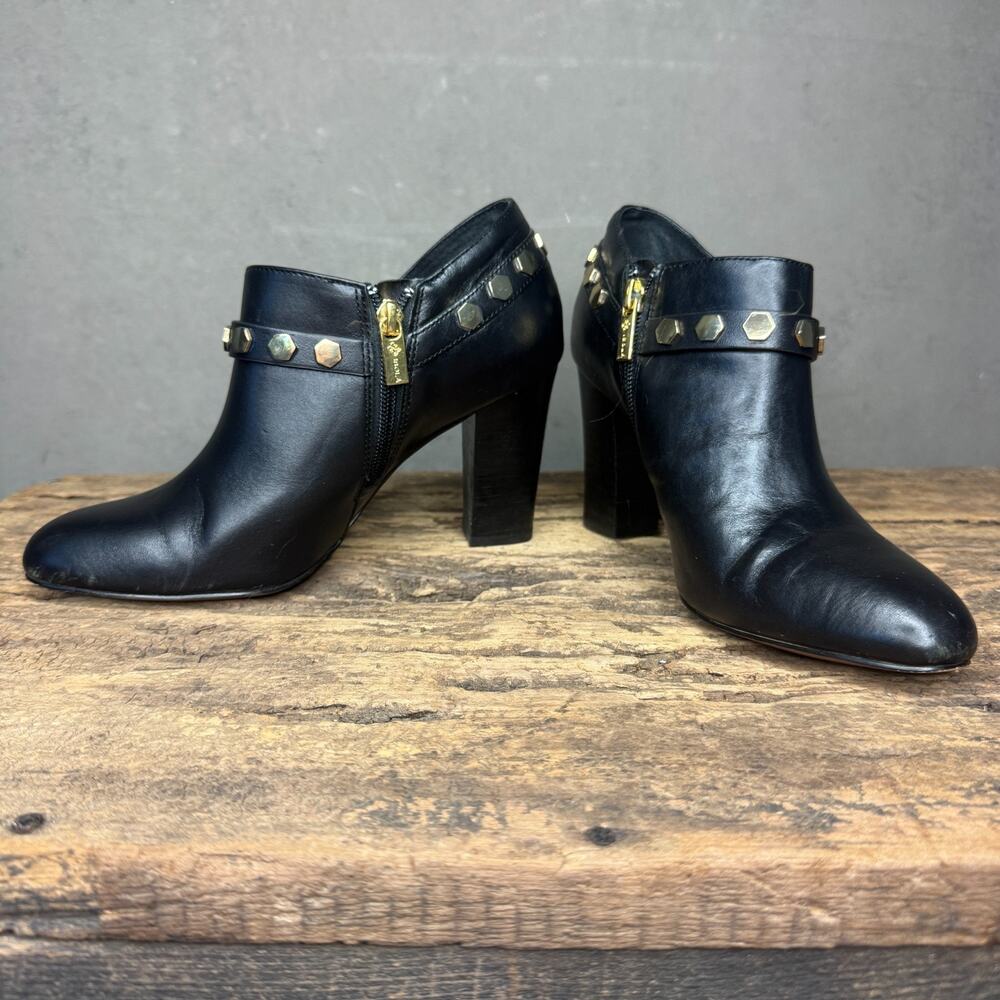 Isola Larkin Black Leather Ankle Booties Gold Hardware Studded Strap Size 8